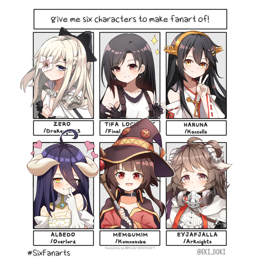 6+girls albedo_(overlord) arknights black_hair brown_eyes brown_hair character_name copyright_name detached_sleeves drag-on_dragoon drag-on_dragoon_3 earrings eki_doki eyjafjalla_(arknights) final_fantasy final_fantasy_vii floating_earring flower flower_over_eye hair_behind_ear hair_between_eyes haruna_(kancolle) hat heart highres holding holding_staff horns japanese_clothes kantai_collection kimono kono_subarashii_sekai_ni_shukufuku_wo! long_hair megumin multiple_drawing_challenge multiple_girls open_mouth overlord_(maruyama) red_eyes six_fanarts_challenge smile staff swept_bangs tifa_lockhart upper_body v v-shaped_eyebrows white_flower white_hair witch_hat yellow_eyes zero_(drag-on_dragoon)