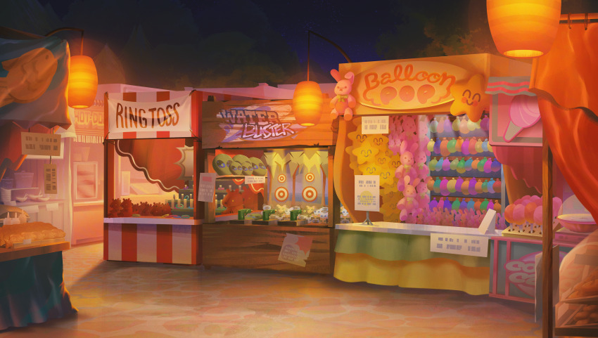 a_date_with_death absurdres balloon bottle carnival cotton_candy english_text festival highres jewelry lantern market_stall night no_humans non-web_source official_art ring scenery sign stuffed_animal stuffed_toy target tile_floor tiles water_balloon