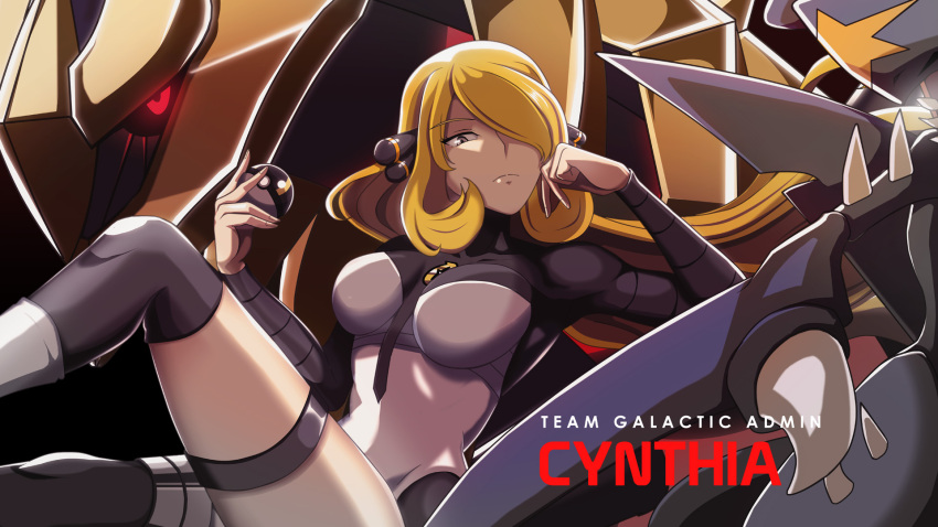 1girl asymmetrical_legwear blonde_hair bodysuit breasts character_name closed_mouth cynthia_(pokemon) dark_persona elbow_rest garchomp gen_4_pokemon giratina grey_eyes hair_ornament hair_over_one_eye head_rest highres holding holding_poke_ball large_breasts legendary_pokemon light_frown long_hair looking_at_viewer nintendo poke_ball pokemon pokemon_(creature) pokemon_dppt solo_focus team_galactic team_galactic_uniform thigh_strap thighs ultra_ball very_long_hair vivivoovoo