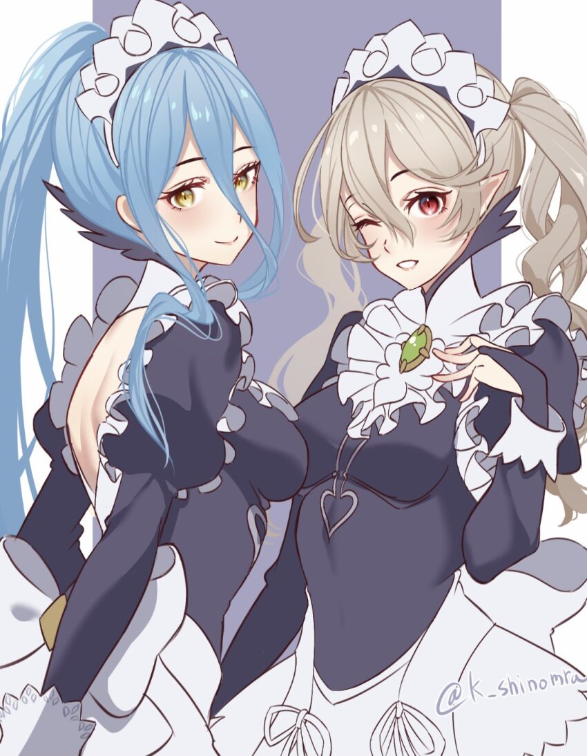 2girls alternate_costume alternate_hairstyle apron azura_(fire_emblem) black_dress blue_hair blush breasts bridal_gauntlets corrin_(female)_(fire_emblem) cosplay dress felicia_(fire_emblem) felicia_(fire_emblem)_(cosplay) fire_emblem fire_emblem_fates flora_(fire_emblem) flora_(fire_emblem)_(cosplay) hair_between_eyes highres juliet_sleeves karashino long_hair long_sleeves looking_at_viewer maid maid_headdress medium_breasts multiple_girls nintendo pointy_ears ponytail puffy_sleeves red_eyes simple_background smile twintails very_long_hair white_hair yellow_eyes