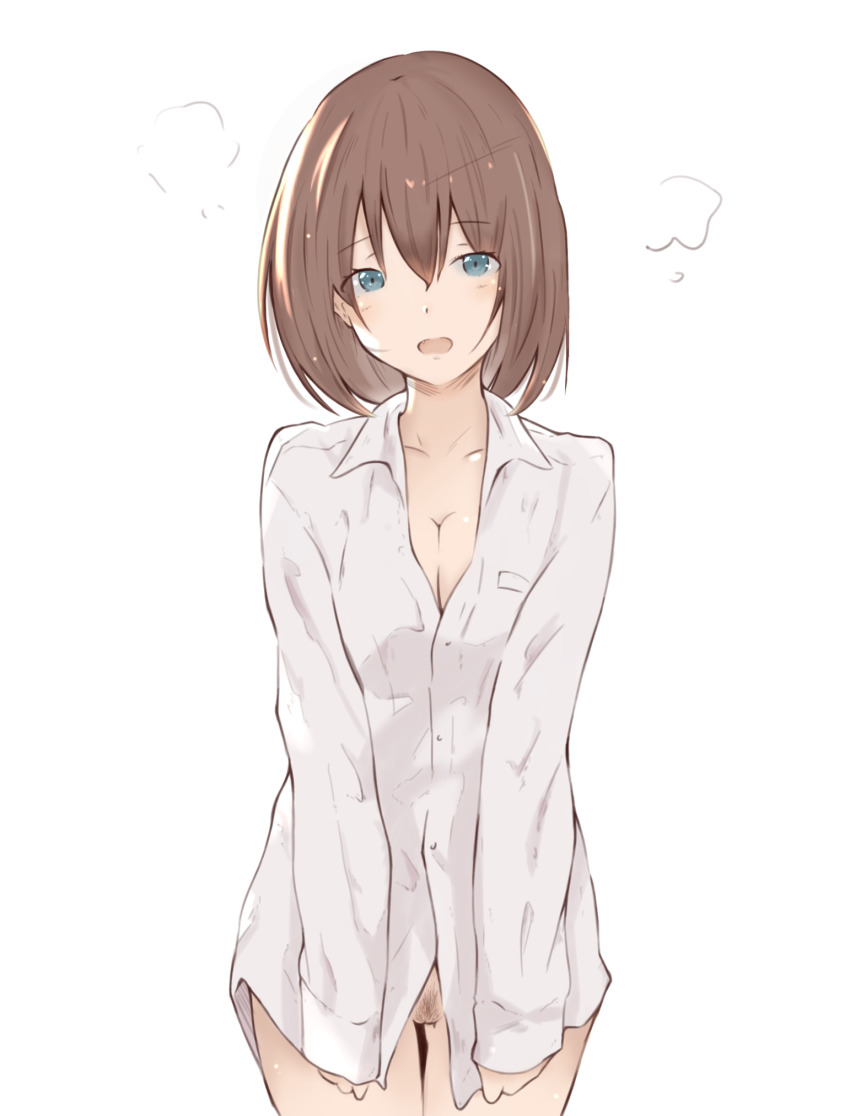 1girl arutoria_(187497382) bad_id bad_pixiv_id blush bottomless breasts brown_hair cleavage commentary_request cowboy_shot dress_shirt embarrassed fang female_focus female_pubic_hair frown gluteal_fold head_tilt highres long_sleeves looking_at_viewer medium_breasts naked_shirt open_mouth partial_commentary pubic_hair pussy saki_(manga) shirt shirt_tug short_hair simple_background solo standing steam unozawa_shiori white_background white_shirt wing_collar