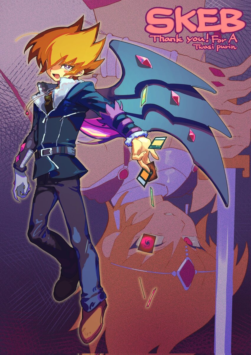 1boy card dark_persona full_body hair_between_eyes highres holding holding_card looking_at_viewer male_focus open_mouth orange_hair pants partial_transformation purple_eyes shingetsu_rei short_hair single_wing smile spiked_hair sword_in_front_of_face tawashipurin upside-down vector_(yu-gi-oh!) wings yu-gi-oh! yu-gi-oh!_zexal