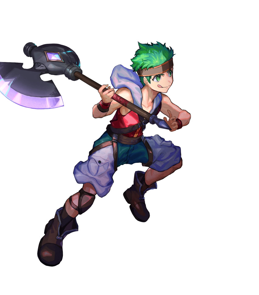 1boy :q aged_down axe boyd_(fire_emblem) boyd_(future_great)_(fire_emblem) child fighting_stance fire_emblem fire_emblem:_path_of_radiance fire_emblem_heroes full_body green_eyes green_hair headband highres holding holding_axe holding_weapon hood hoodie knee_pads male_focus nijimaarc nintendo non-web_source official_art short_hair single_knee_pad sleeveless sleeveless_hoodie solo tongue tongue_out transparent_background weapon