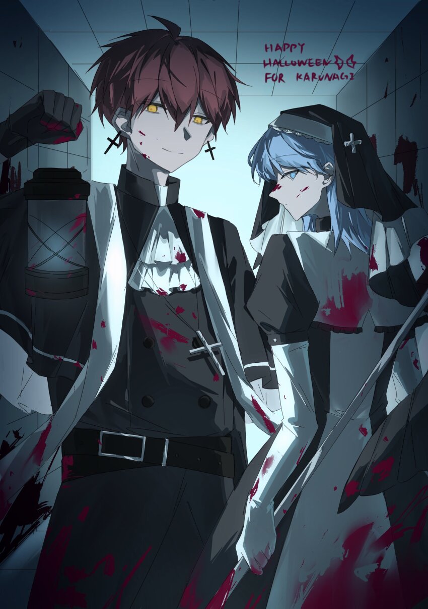 2boys absurdres ahoge akabane_karma ansatsu_kyoushitsu ascot belt bioo_dd black_belt black_capelet black_gloves black_robe blood blood_on_clothes blood_on_face blood_on_wall blue_eyes blue_hair capelet cassock ceiling clerical_collar cowboy_shot cross cross_earrings cross_necklace earrings elbow_gloves from_behind gloves habit hair_between_eyes hair_down happy_halloween high_collar highres holding holding_lantern holding_staff indoors jewelry lantern latin_cross long_hair looking_at_viewer looking_back male_focus multiple_boys necklace nun priest puffy_short_sleeves puffy_sleeves red_hair robe shiota_nagisa short_hair short_sleeves smile split_mouth staff stole tile_ceiling tile_wall tiles traditional_nun white_gloves wimple yellow_eyes