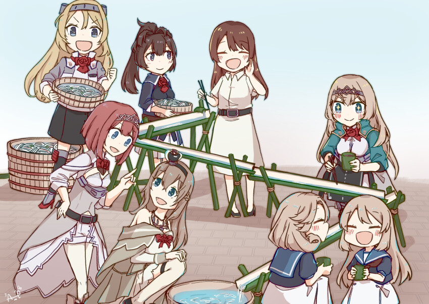 6+girls ane_hoshimaru ark_royal_(kancolle) ascot bamboo blonde_hair blue_eyes chopsticks country_connection crown dress female_admiral_(kancolle) flower food green_jacket headgear highres jacket janus_(kancolle) jervis_(kancolle) kantai_collection military_uniform mini_crown multiple_girls nagashi_soumen neck_flower nelson_(kancolle) noodles open_mouth pencil_skirt red_ascot red_flower red_hair red_rose rose sheffield_(kancolle) skirt smile soumen tiara victorious_(kancolle) warspite_(kancolle) water_slide