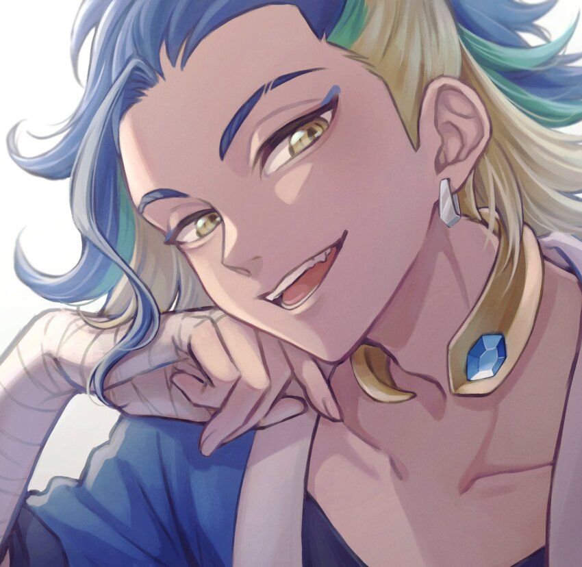 1boy :d adaman_(pokemon) arm_wrap black_shirt blue_coat blue_gemstone blue_hair coat collar collarbone commentary_request earrings eyebrow_cut gem green_hair hand_up head_rest highres jewelry looking_at_viewer male_focus medium_hair moxamog multicolored_hair nintendo open_mouth pokemon pokemon_legends:_arceus portrait shirt short_sleeves simple_background smile solo teeth tongue white_background yellow_eyes