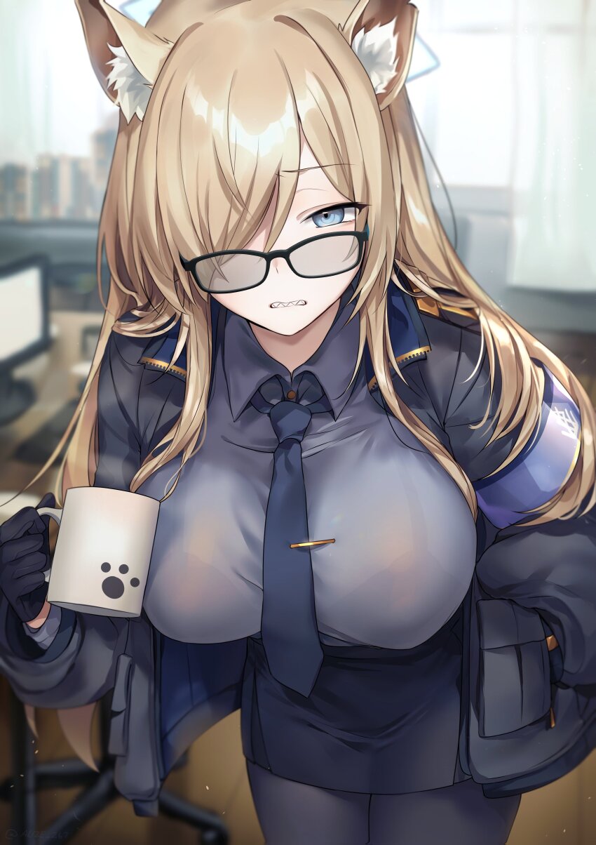 1girl absurdres allze animal_ear_fluff animal_ears bespectacled black_gloves black_necktie black_pantyhose black_skirt blonde_hair blue_archive blue_eyes blue_shirt blurry blurry_background bra_visible_through_clothes breasts chair clenched_teeth collared_shirt cowboy_shot cup curtains desk glasses gloves hair_over_one_eye halo hand_in_pocket highres holding holding_cup indoors kanna_(blue_archive) large_breasts leaning_forward long_hair long_sleeves looking_at_viewer monitor necktie office_chair open_mouth pantyhose pencil_skirt sharp_teeth shirt skirt solo standing steam swivel_chair teeth