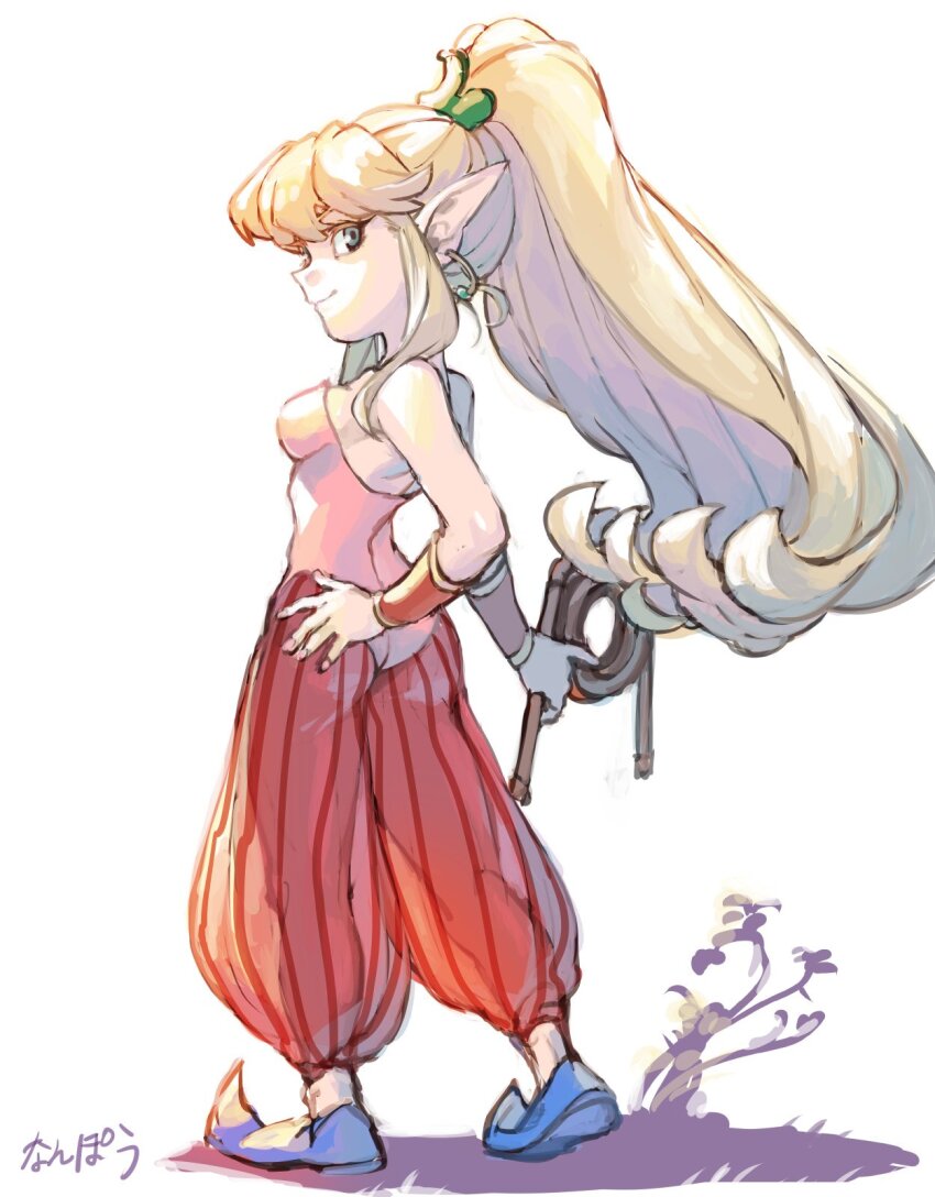 1girl ass bare_shoulders blonde_hair blue_eyes breasts closed_mouth earrings full_body hair_ornament highres hoop_earrings jewelry long_hair looking_at_viewer medium_breasts nanpou_(nanpou0021) pants pointy_ears ponytail primm_(seiken_densetsu_2) see-through_clothes seiken_densetsu seiken_densetsu_2 simple_background smile solo vambraces white_background