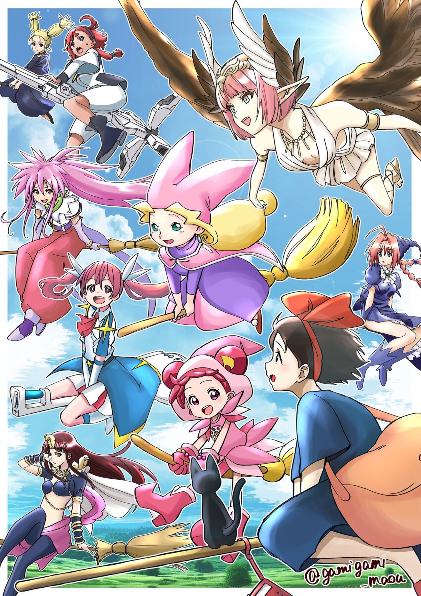 6+girls ahoge animal arche_klein asticassia_school_uniform black_cat black_dress black_hair black_hairband blonde_hair blue_eyes blue_sky blush bow broom broom_riding brown_hair cape cat circe_(fate) closed_mouth cloud cloudy_sky day dorothy_(marchen_awakens_romance) double_bun dress fate/grand_order fate_(series) feathered_wings gamigami_maou_(artist) gloves gundam gundam_suisei_no_majo hair_between_eyes hair_bow hair_bun hair_ribbon hairband harukaze_doremi hat head_wings highres holding jewelry jiji_(majo_no_takkyuubin) jujutsu_kaisen kabushikigaisha_magi-lumiere kiki_(majo_no_takkyuubin) koizumi_akako long_hair long_sleeves low_ponytail magic_kaito magical_girl majo_no_takkyuubin marchen_awakens_romance multiple_girls narcia neckerchief ojamajo_doremi open_mouth outdoors pink_eyes pink_hair pointy_ears ponytail popolocrois red_bow red_eyes red_hair ribbon sakuragi_kana school_uniform shirt short_hair skirt sky smile studio_ghibli suletta_mercury tales_of_(series) tales_of_phantasia thick_eyebrows thrusters trait_connection twintails white_ribbon white_shirt wings witch witch_hat