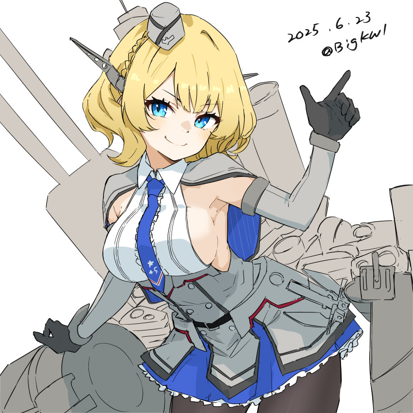 1girl absurdres adapted_turret bigkwl blonde_hair blue_eyes blue_necktie blush braid breasts cannon capelet colorado_(kancolle) dated dress elbow_gloves garrison_cap gloves grey_capelet grey_dress grey_gloves hat headgear highres kantai_collection large_breasts lattice_mast machinery necktie pantyhose pleated_dress rigging ship_turret shirt short_hair side_braids sideboob sideless_shirt sleeveless smokestack solo twitter_username white_shirt