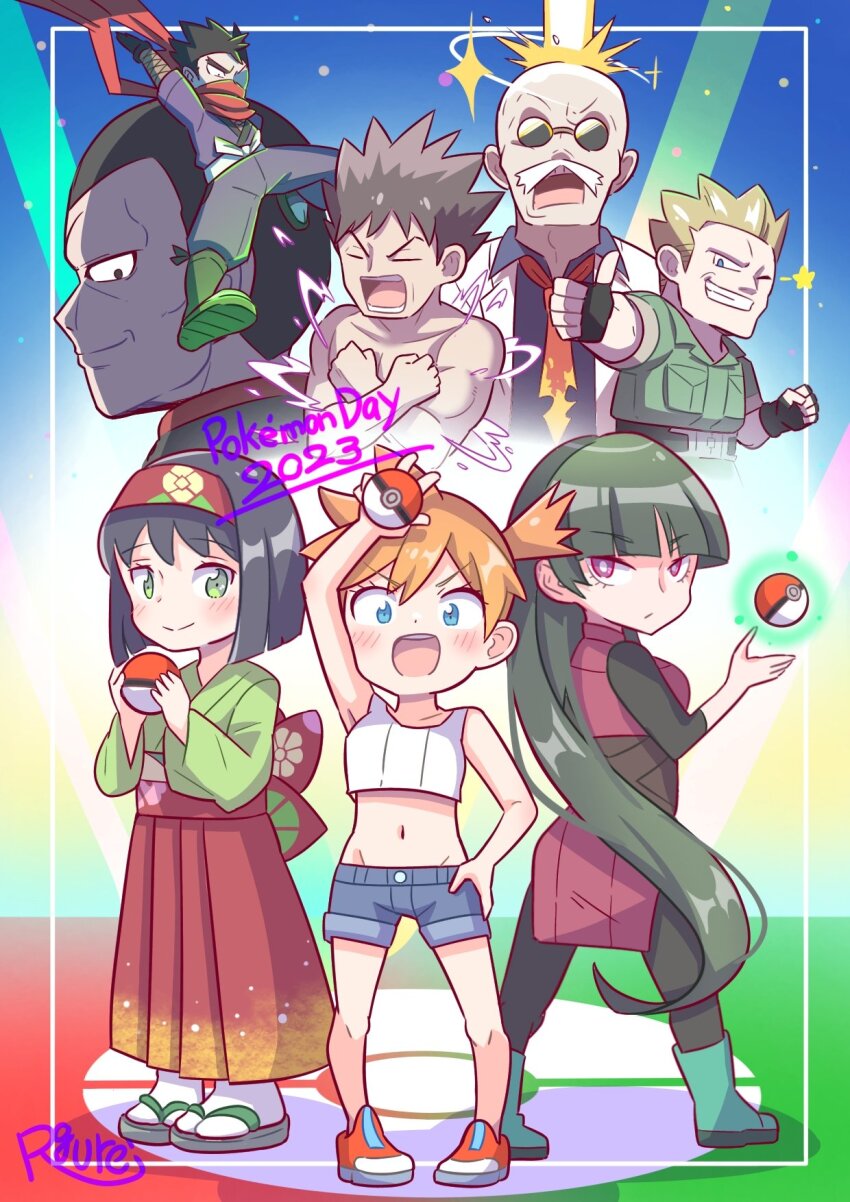 3girls 5boys asymmetrical_hair bald black_hair blaine_(pokemon) blonde_hair brock_(pokemon) brown_hair charizard closed_eyes denim denim_shorts erika_(pokemon) gen_1_pokemon giovanni_(pokemon) gym_leader hair_tie hat highres koga_(pokemon) long_hair misty_(pokemon) multiple_boys multiple_girls muscular nintendo pokemon pokemon_frlg pokemon_rgby ponytail purple_hair sabrina_(pokemon) shirt short_hair shorts side_ponytail smile surge_(pokemon) white_shirt