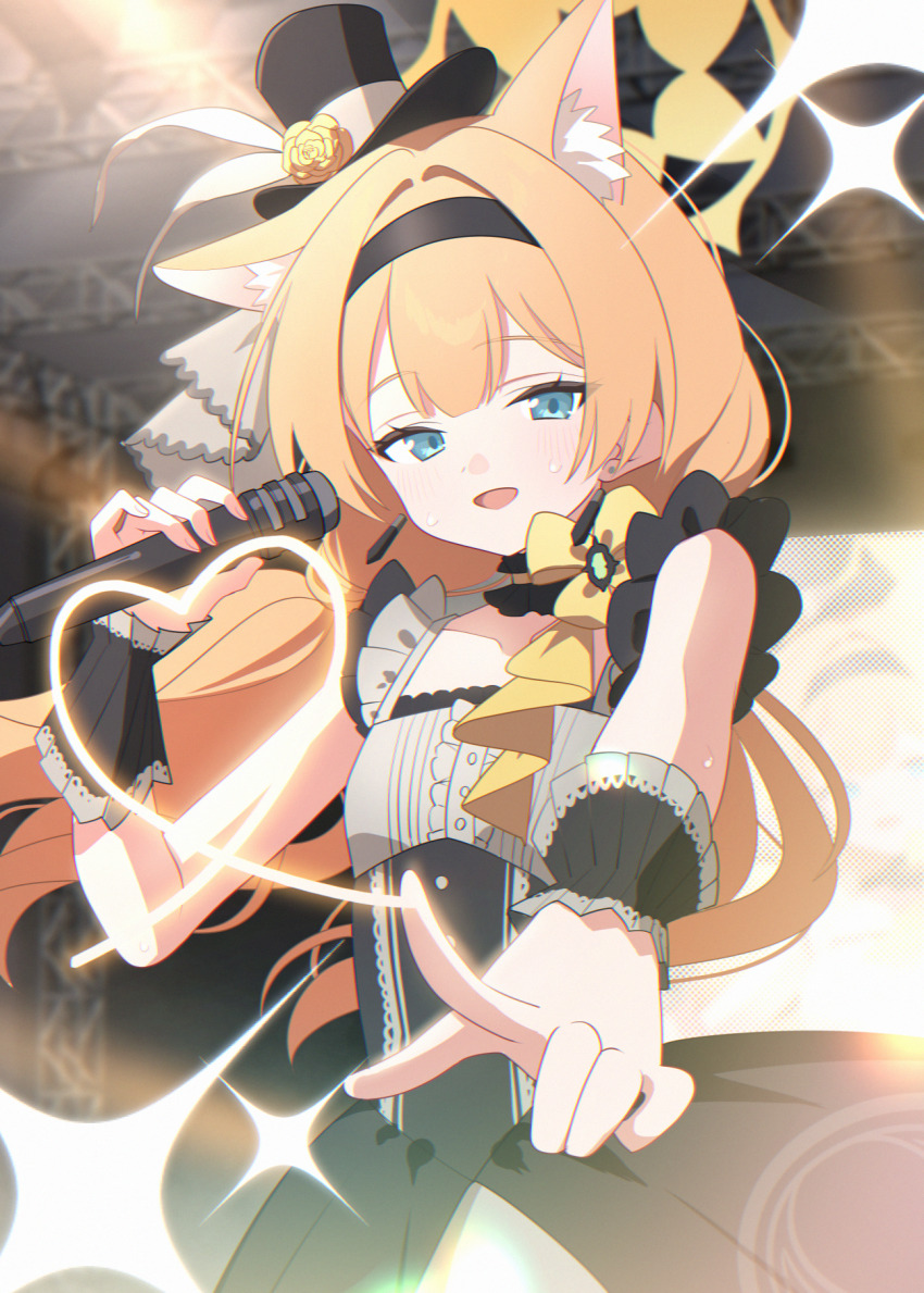 1girl animal_ear_fluff animal_ears black_dress black_hairband black_hat blue_archive blue_eyes blush cat_ears cat_girl choker commentary_request dress floating_hair flower_hat frilled_choker frills hairband halo hat heart highres holding holding_microphone idol idol_clothes index_finger_raised kaerunrun long_hair looking_at_viewer mari_(blue_archive) mari_(idol)_(blue_archive) microphone mini_hat mini_top_hat official_alternate_costume open_mouth orange_hair outstretched_arm sleeveless sleeveless_dress smile solo sweat top_hat wrist_cuffs yellow_halo
