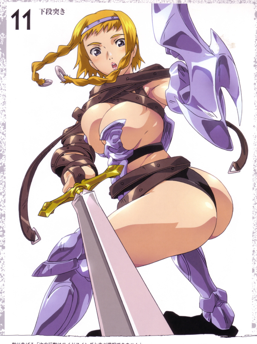1girl absurdres armor artbook ass back blonde_hair blush boots braid buckle curvy exiled_warrior_leina female_focus hairband highres hisayuki_hirokazu huge_ass leina_(queen&#039;s_blade) looking_back official_art queen&#039;s_blade queen&#039;s_blade_lost_worlds revealing_clothes scan shield shiny_skin short_hair_with_long_locks side_braid slashing solo spread_legs sweat sword thong twin_braids weapon