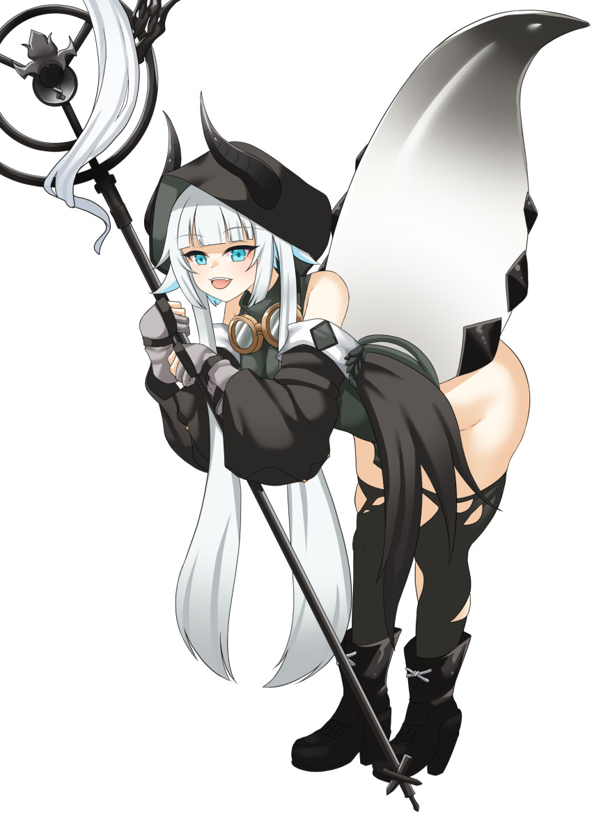 1girl :d arknights black_boots black_sleeves blue_eyes blue_hair boots breasts colored_inner_hair commentary commission cosplay detached_sleeves english_commentary fang full_body gloves goggles goggles_around_neck grey_gloves highres holding holding_staff hood hood_up horns multicolored_hair nexas_(vtuber) open_mouth partially_fingerless_gloves puffywaffles ruri_tinytale sidelocks smile solo staff tail teeth tomimi_(arknights) tomimi_(arknights)_(cosplay) upper_teeth_only virtual_youtuber white_background white_hair