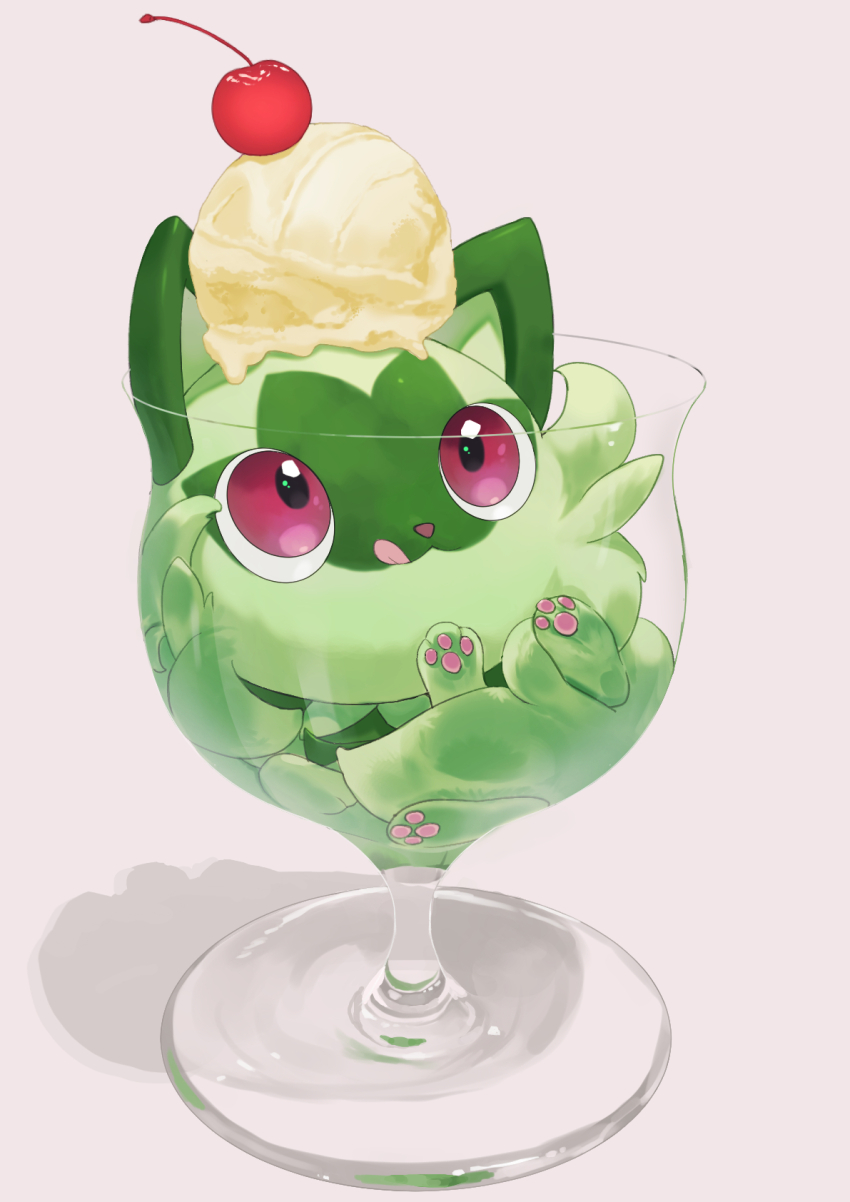 :q cat cherry closed_mouth commentary cup food fruit glass highres ice_cream ice_cream_scoop in_container in_cup kanataeni looking_up nintendo no_humans pokemon pokemon_(creature) pokemon_focus purple_eyes solo sprigatito tongue tongue_out