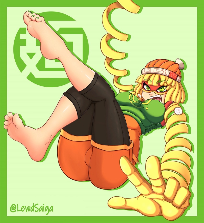 1girl arm_up arms_(game) artist_name ass barefoot beanie black_leggings blonde_hair blunt_bangs bob_cut breasts cameltoe clenched_hand covered_erect_nipples domino_mask eye_mask feet female_focus foot_focus full_body greek_toe green_background green_eyes green_toenails hat highres jumping leggings leggings_under_shorts legs legs_up lewdsaiga looking_at_viewer mask medium_breasts medium_hair min_min_(arms) nail_polish open_mouth orange_hat orange_shorts outstretched_arms shorts skin_tight soles stretched_limb thighs toenail_polish toenails toes v