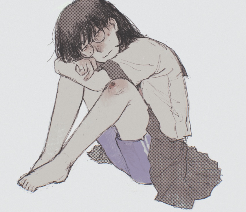 1girl arms_on_knees barefoot black_eyes black_hair black_skirt blue_shorts closed_mouth crossed_arms full_body glasses gozaimas_(masmas_nemui) gym_shorts half-closed_eyes head_on_knee highres jimiko knees_up looking_at_viewer original pimple school_uniform scraped_knee serafuku shirt short_sleeves shorts shorts_under_skirt simple_background sitting skirt solo wavy_mouth white_background