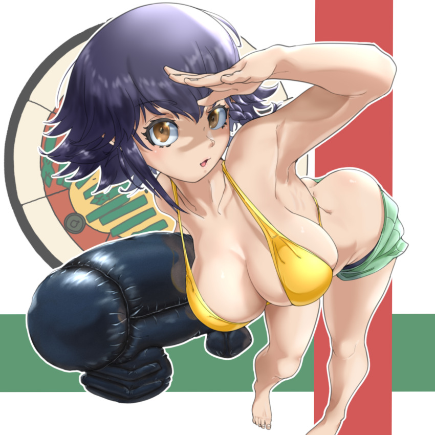 1girl anzio_(emblem) ass barefoot bikini bikini_shorts black_hair braid breasts butt_crack cleavage commentary downpants emblem foreshortening girls_und_panzer green_bikini halterneck highres holding holding_toy huaronanago inflatable_torpedo large_breasts leaning_forward looking_at_viewer mismatched_bikini open_mouth pepperoni_(girls_und_panzer) shading_eyes short_hair shorts side_braid solo standing swimsuit toy yellow_bikini