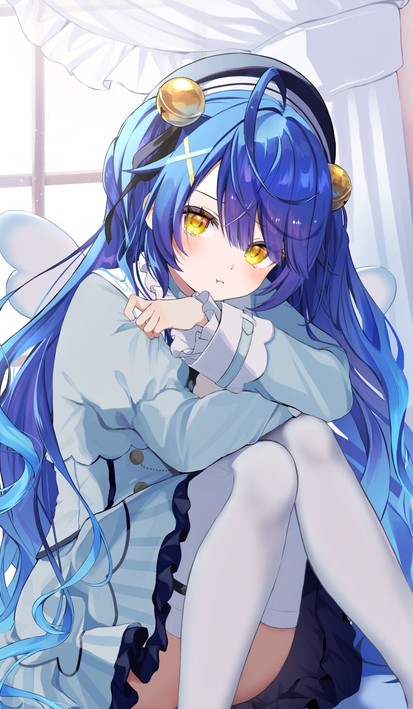 1girl :t absurdres ahoge amamiya_kokoro amamiya_kokoro_(1st_costume) aqua_jacket arms_on_knees bell beret blue_hair blush convenient_leg gomamiso_(gomagoma_bba) hat highres indoors jacket knees_up long_hair nijisanji sitting skirt solo striped_clothes striped_skirt thighhighs very_long_hair virtual_youtuber white_thighhighs window yellow_eyes