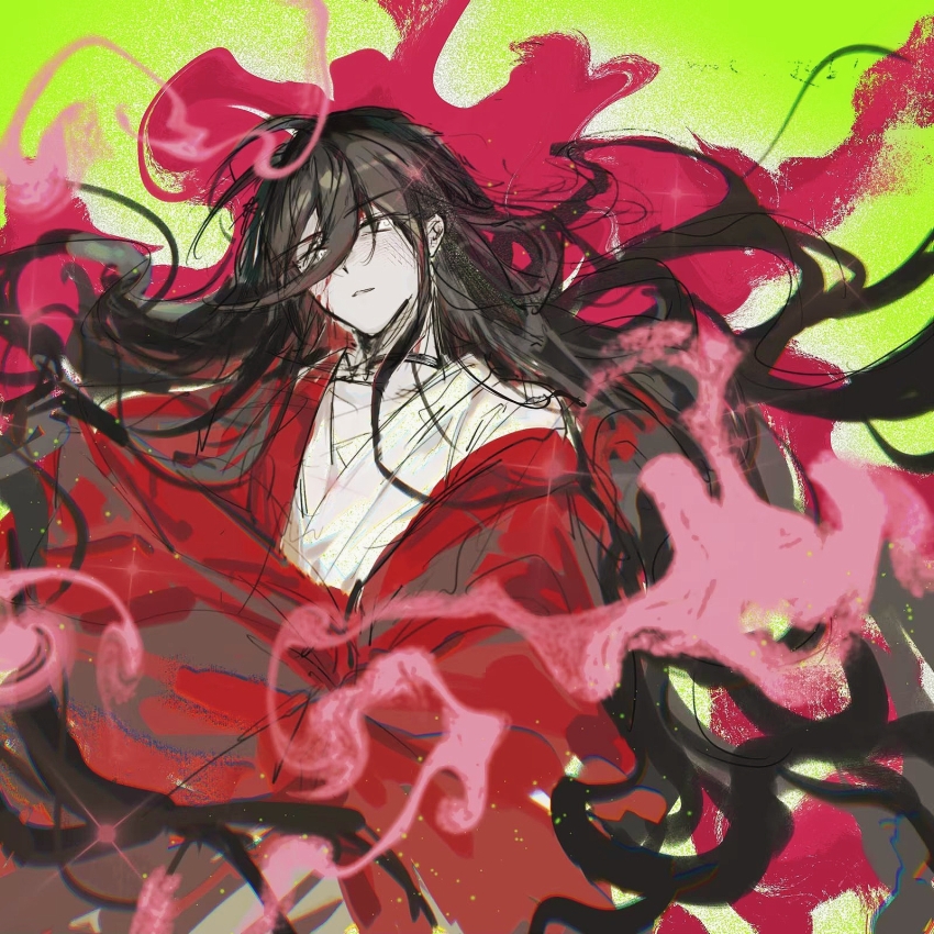 1boy bishounen black_eyes black_hair blood blood_on_face chinese_clothes chinese_commentary coat colored_smoke dao_gui_yi_xian fajiaoshao floating_hair green_background hair_between_eyes hair_down hanfu highres ji_zai li_huowang light_particles long_hair long_sleeves looking_at_viewer male_focus messy_hair parted_lips red_coat sketch smoke solo sparkle upper_body very_long_hair white_hanfu wide_sleeves