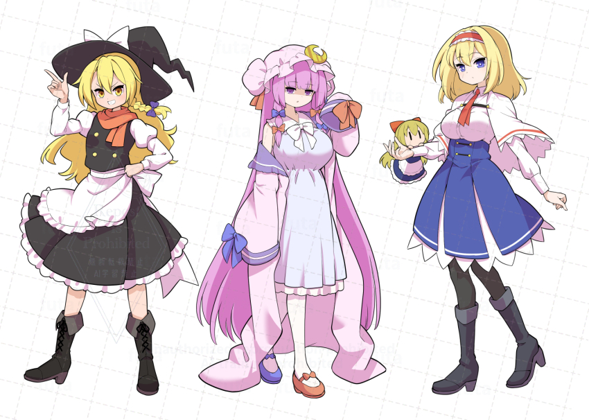 3girls adapted_costume alice_margatroid alternate_costume apron asymmetrical_footwear back_bow black_boots black_hat black_pantyhose black_skirt black_vest blonde_hair blue_bow blue_dress blue_shoes blue_skirt boots bow braid capelet coat commentary_request crescent crescent_hat_ornament doll dress frilled_hairband frilled_skirt frills full_body futa_(nabezoko) grin hair_bow hairband hand_on_own_hip hat hat_bow hat_ornament high-waist_skirt high_heel_boots high_heels juliet_sleeves kirisame_marisa long_hair long_sleeves looking_at_viewer mismatched_footwear mob_cap multiple_girls multiple_hair_bows open_clothes open_coat pantyhose patchouli_knowledge pink_coat pink_hat puffy_sleeves purple_bow purple_eyes purple_hair red_bow red_hairband red_scarf red_shoes scarf shanghai_doll shirt shoes side_braid single_braid skirt smile touhou very_long_hair vest waist_apron watermark watermark_grid white_apron white_bow white_capelet white_pantyhose white_shirt witch_hat yellow_eyes