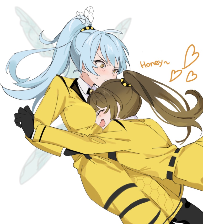 2girls :d ^_^ angela_(project_moon) belt between_breasts black_belt black_gloves black_pantyhose blue_hair blunt_bangs blush breasts brooch brown_hair closed_eyes coat_dress collared_shirt dress e.g.o_(project_moon) english_text face_between_breasts feet_out_of_frame gloves hair_ornament head_between_breasts heart highres honeycomb_(pattern) honeycomb_print hornet_(e.g.o) insect_wings jewelry library_of_ruina light_blue_hair looking_at_another malkuth_(project_moon) mu46016419 multiple_girls open_mouth pantyhose ponytail project_moon shirt simple_background smile sweatdrop upper_body v-shaped_eyebrows white_background white_shirt wing_hair_ornament wings yellow_dress yellow_eyes yuri