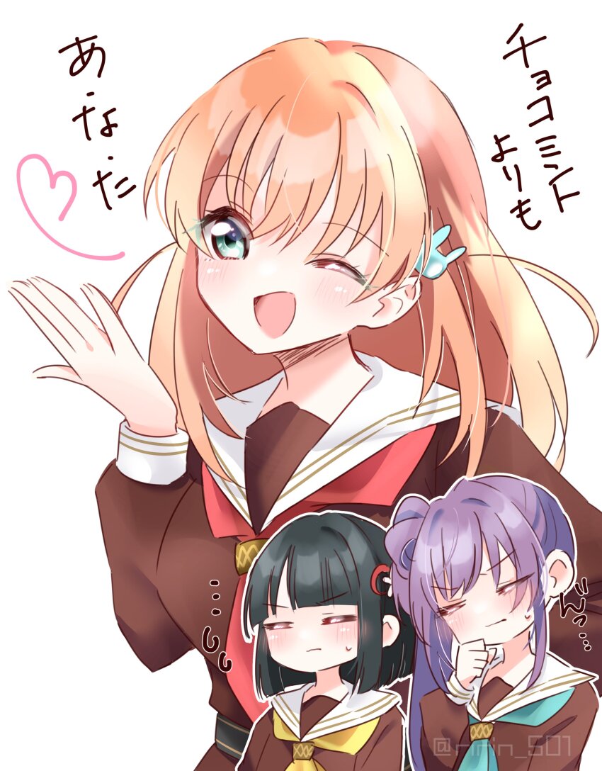 3girls ;d absurdres ai_scream!_(love_live!) aqua_neckerchief black_hair blowing_kiss blunt_bangs blunt_ends blush breasts brown_dress cerise_bouquet check_commentary closed_eyes commentary_request dress flower flower_knot hair_bun hair_flower hair_ornament hasu_no_sora_school_uniform heart highres hinoshita_kaho link!_like!_love_live! long_hair long_sleeves looking_at_viewer love_live! lyrics medium_breasts medium_hair momose_ginko multiple_girls neckerchief one_eye_closed open_mouth orange_hair otomune_kozue purple_hair rabbit_hair_ornament red_neckerchief ririn_(ririn_501) sailor_collar sailor_dress school_uniform side_ponytail sidelocks single_side_bun smile solo_focus sweatdrop translation_request two_side_up upper_body virtual_youtuber white_flower white_sailor_collar winter_uniform yellow_neckerchief yuri