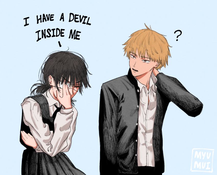 1boy 1girl ? artist_name black_dress black_hair blonde_hair chainsaw_man denji_(chainsaw_man) dress english_text eyepatch fourth_east_high_school_uniform gakuran highres long_sleeves mitaka_asa myumui pinafore_dress school_uniform shirt sleeveless sleeveless_dress white_shirt