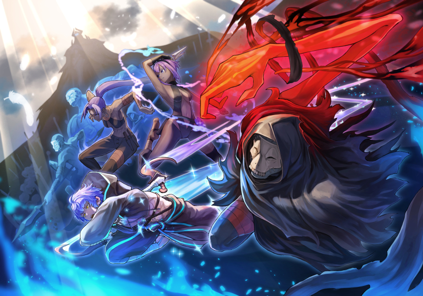 2boys 3boys assassin_(fate/zero) backless_outfit bandages bare_shoulders black_cloak black_gloves black_hairband black_jacket black_leotard blue_hair breasts center_opening cloak dark-skinned_female dark-skinned_male dark_skin earrings fate/grand_order fate_(series) female_assassin_(fate/zero) fingerless_gloves gloves glowing glowing_eyes hair_between_eyes hairband harnetyss hassan_of_serenity_(fate) hassan_of_the_cursed_arm_(fate) hassan_of_the_shining_star_(fate) highres hood hoop_earrings horns jacket jewelry king_hassan_(fate) kunai leggings leotard long_hair long_sleeves mask medium_breasts multiple_boys multiple_girls navel ponytail purple_eyes purple_hair short_hair skull skull_mask very_dark_skin weapon yellow_eyes zabaniya_(fate)