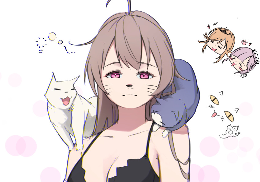 3girls ahoge azur_lane breasts brown_hair cat chibi cleavage hatski.sin highres jean_bart_(azur_lane) long_hair multiple_girls pink_eyes pink_hair purple_eyes whiskers