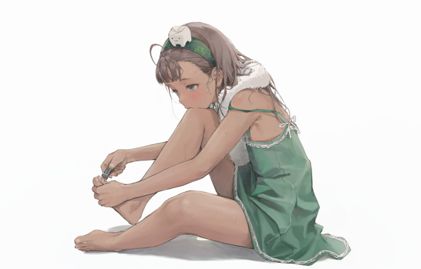 1girl applying_pedicure bad_id bad_twitter_id barefoot blue_eyes blush brown_hair clipping_toenails commentary dark-skinned_female dark_skin douya_(233) dress from_side full_body green_dress green_hairband hairband head_on_knee looking_at_foot original shadow short_hair simple_background sitting solo strap_slip sweat symbol-only_commentary tooth_hair_ornament towel towel_around_neck white_background