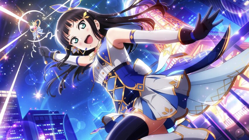 1girl :d arm_up bare_shoulders black_gloves black_hair black_thighhighs blunt_bangs blush building city dutch_angle elbow_gloves from_below gloves green_eyes headset hime_cut holding holding_staff idol kurosawa_dia leg_up long_hair looking_at_viewer love_live! love_live!_school_idol_festival_all_stars love_live!_sunshine!! magical_girl mole mole_under_mouth night night_sky official_art open_hand open_mouth outdoors sky smile solo sparkle staff star_(sky) starry_sky teeth thighhighs upper_teeth_only v-shaped_eyebrows