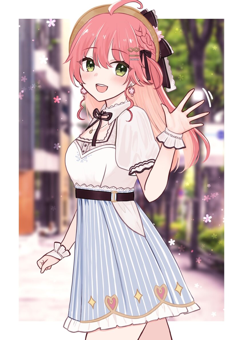 1girl ahoge belt black_belt black_ribbon blue_skirt blurry blurry_background blush braid cherry_blossoms day detached_collar dress frilled_gloves frills from_side gloves green_eyes hair_ornament hairclip hat highres hololive jewelry looking_at_viewer mayuchi427 neck_ribbon necklace o-ring o-ring_belt open_mouth pink_hair pleated_skirt puffy_short_sleeves puffy_sleeves ribbon sakura_miko sakura_miko_(street) short_dress short_sleeves skirt solo straw_hat striped_clothes striped_skirt town tree upper_body vertical-striped_clothes vertical-striped_skirt virtual_youtuber waving white_dress