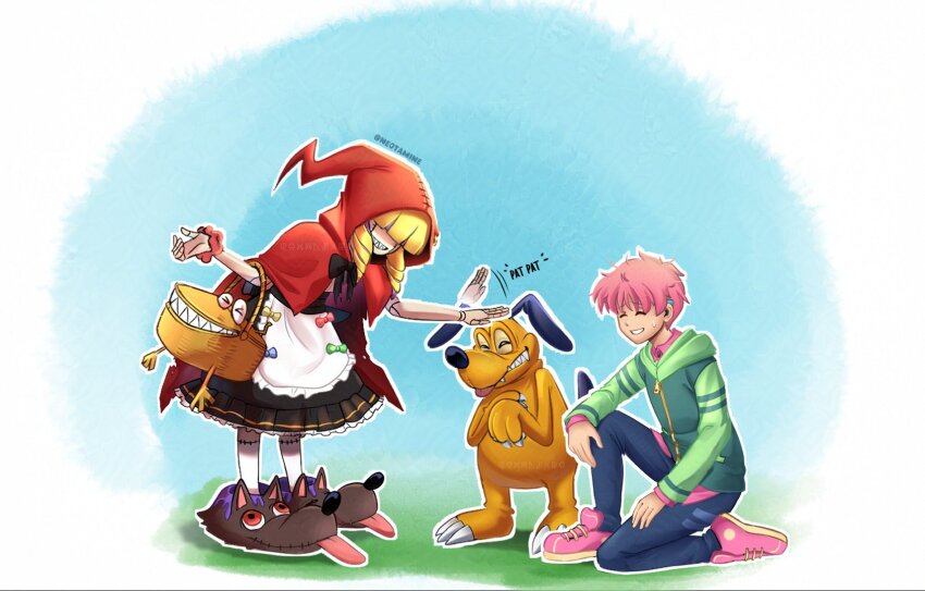 1other basket black_skirt body_fur capelet chaperomon digimon digimon_(creature) dogmon doll drill_hair elbow_carry full_body green_jacket headpat highres holding holding_basket hood hood_down hood_up hooded_jacket jacket neotamine pleated_skirt red_capelet red_hood sharp_teeth side_drill skirt teeth twitter_username
