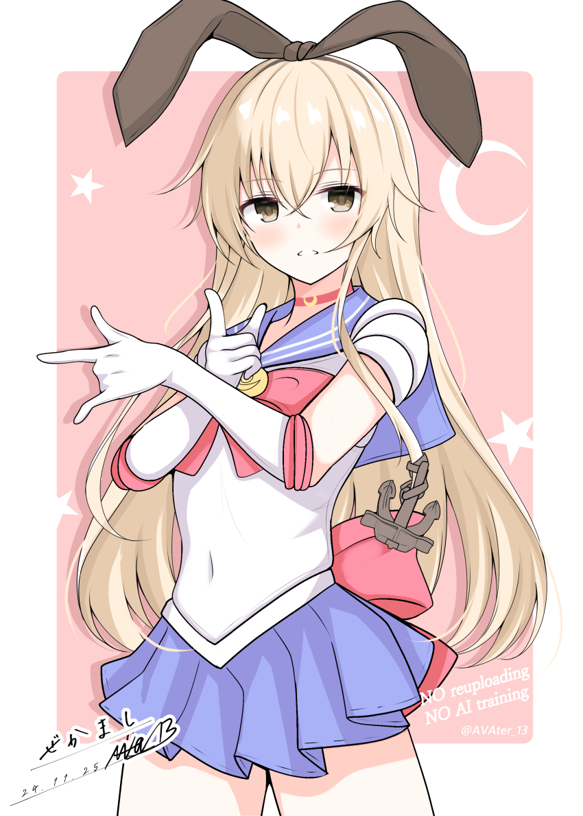 1girl abataa absurdres anchor_hair_ornament back_bow bishoujo_senshi_sailor_moon black_hairband blonde_hair blue_sailor_collar blue_skirt bow brown_eyes choker commentary cosplay covered_navel cowboy_shot crescent_moon dated dynamic_pose gloves hair_ornament hairband highres kantai_collection leotard long_hair moon pink_background pleated_skirt red_bow red_choker sailor_collar sailor_moon sailor_moon_(cosplay) sailor_moon_pose sailor_senshi_uniform shimakaze_(kancolle) signature skirt solo star_(symbol) tsuki_ni_kawatte_oshioki_yo white_gloves white_leotard