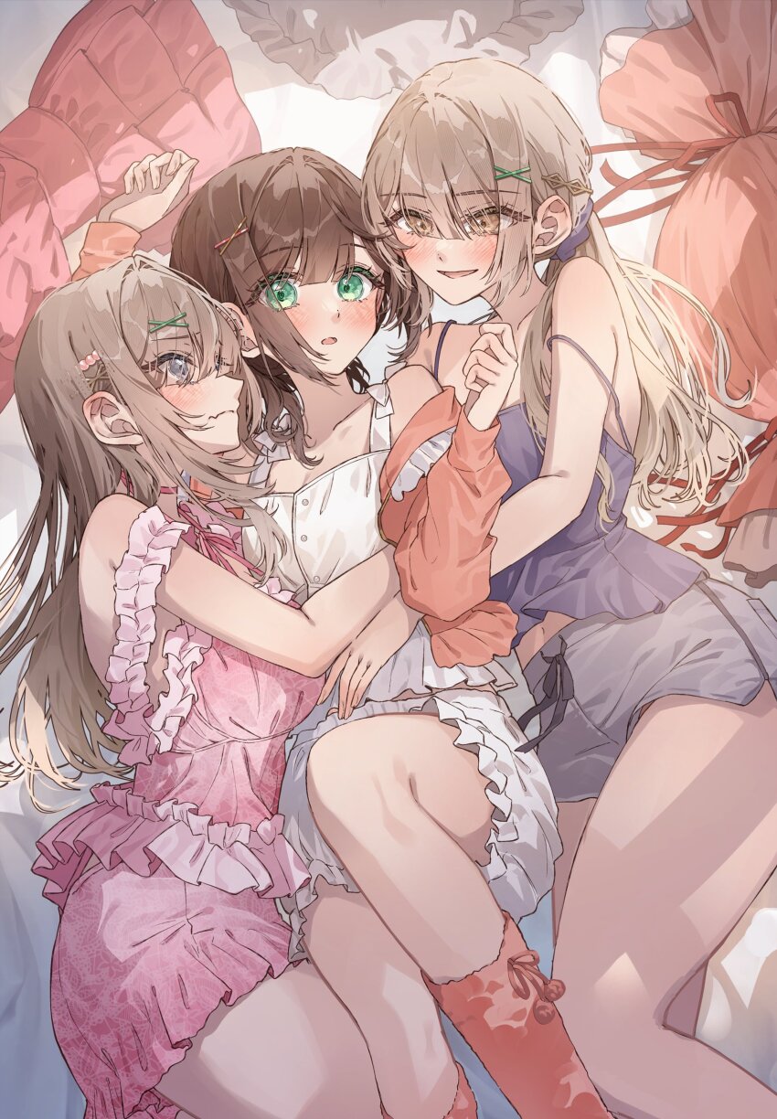 3girls absurdres brown_hair cover girl_sandwich highres hug lying multiple_girls navy_(navy.blue) sandwiched second-party_source smile thighs wavy_mouth