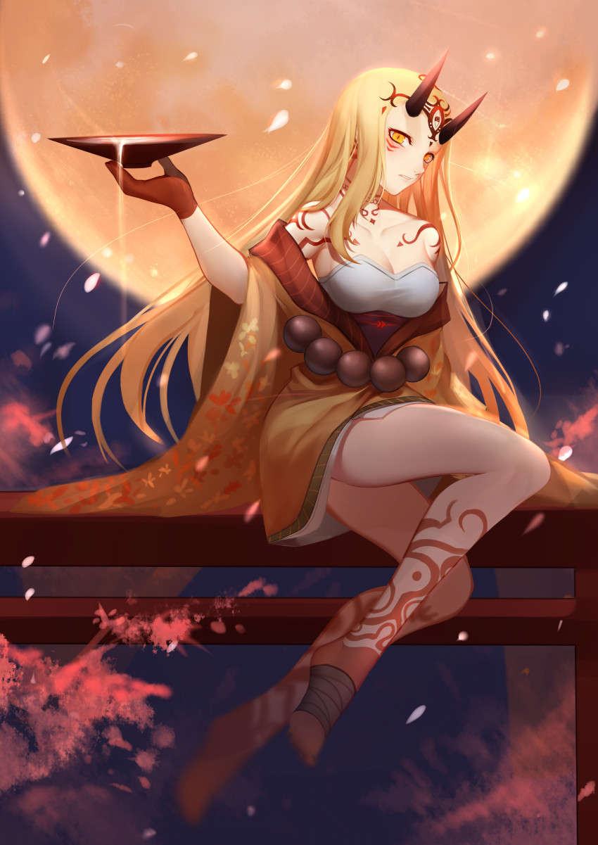 1girl absurdres alternate_breast_size blonde_hair breasts cleavage cup fate/grand_order fate_(series) highres horns ibaraki_douji_(fate) japanese_clothes kimono legs long_hair monster_girl moon off_shoulder oni sakazuki sakura sitting slit_pupils tagme tattoo yellow_eyes