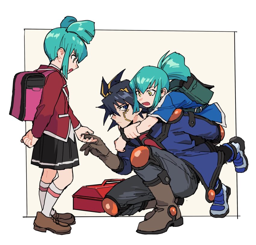 1girl 2boys abaraya black_hair black_pants black_skirt blonde_hair blue_eyes blue_jacket border brown_gloves child facial_mark fudo_yusei full_body gloves green_hair group_picture highres jacket lua_(yu-gi-oh!) luca_(yu-gi-oh!) medium_hair multicolored_hair multiple_boys pants pleated_skirt red_jacket simple_background skirt spiked_hair streaked_hair two-tone_hair white_border yellow_eyes yu-gi-oh! yu-gi-oh!_5d&#039;s