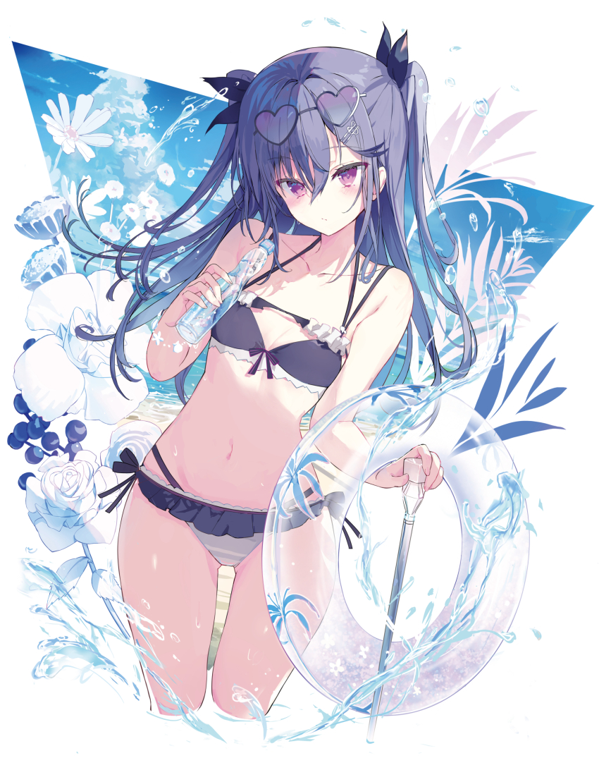 1girl absurdres bare_arms bare_legs bare_shoulders bikini blue_sky bottle breasts cropped_legs eyewear_on_head flower grass hair_ribbon heart heart-shaped_eyewear highres holding holding_bottle holding_stick leaning_to_the_side lifebuoy long_hair multiple_panties navel original panties purple_eyes purple_hair ramune ribbon sky small_breasts solo standing stick swim_ring swimsuit tatsukisan triangle_background twintails underwear white_background white_flower