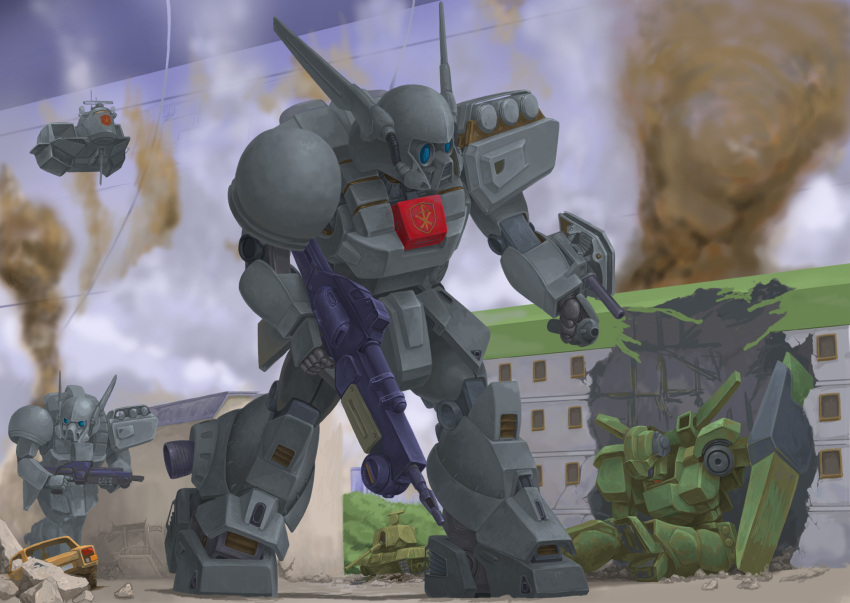 after_battle aircraft beam_rifle building car commentary_request crossbone_vanguard damaged debris den&#039;an_gei earth_federation energy_gun gundam gundam_f91 highres jegan machinery mecha mecha_focus missile_pod mobile_suit motor_vehicle o&#039;neill_cylinder robot roundel ruins science_fiction smoke space_habitat spacecraft spacecraft_interior volkov-1953 weapon window