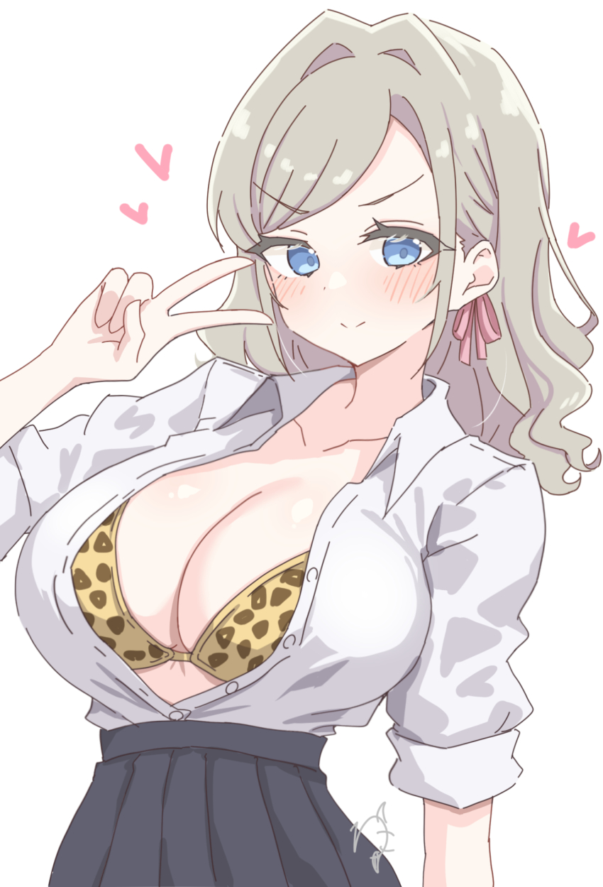 &gt;:) 1girl absurdres alternate_costume animal_print black_skirt blue_eyes bra breasts ceras_yanagida_lilienfeld cleavage collared_shirt commentary_request cowboy_shot dress_shirt grey_hair hair_intakes hair_ribbon hand_up heart highres large_breasts leopard_print leopard_print_bra link!_like!_love_live! long_hair looking_at_viewer love_live! open_clothes open_shirt pink_ribbon pleated_skirt print_bra ribbon rokoroko_65 school_uniform shirt short_sleeves signature simple_background skirt solo swept_bangs underwear v v-shaped_eyebrows v_over_eye white_background white_shirt