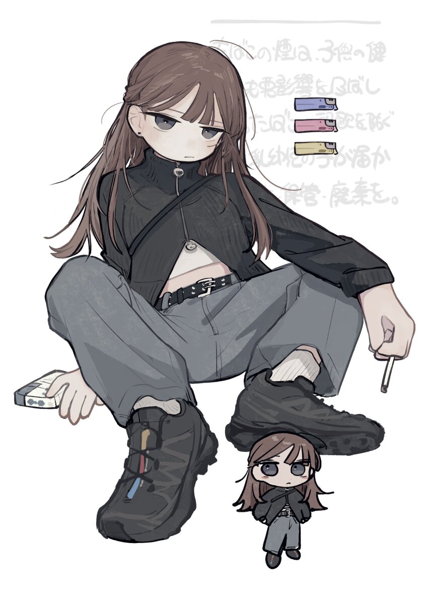 1girl absurdres belt black_belt black_eyes black_jacket black_shoes brown_hair cigarette cigarette_pack closed_mouth highres holding holding_cigarette jacket long_hair long_sleeves multiple_views original pants shirt shoes simple_background sitting sneakers socks spread_legs white_background white_shirt white_socks yunoki_itsugu