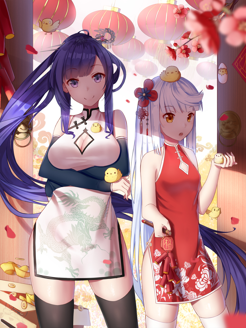 2girls bare_shoulders bird black_legwear blue_hair blunt_bangs breast_hold breasts chick china_dress chinese_clothes chinese_lantern cleavage cleavage_cutout clothing_cutout coin crossed_arms detached_sleeves dress flower hair_flower hair_ornament highres ji_dao_ji lantern large_breasts le_fantasque_(warship_girls_r) long_hair looking_at_viewer multiple_girls paper_lantern ponytail purple_eyes shinano_(warship_girls_r) side_slit small_breasts smile thighhighs too_many too_many_chicks very_long_hair warship_girls_r white_hair white_legwear yellow_eyes zettai_ryouiki