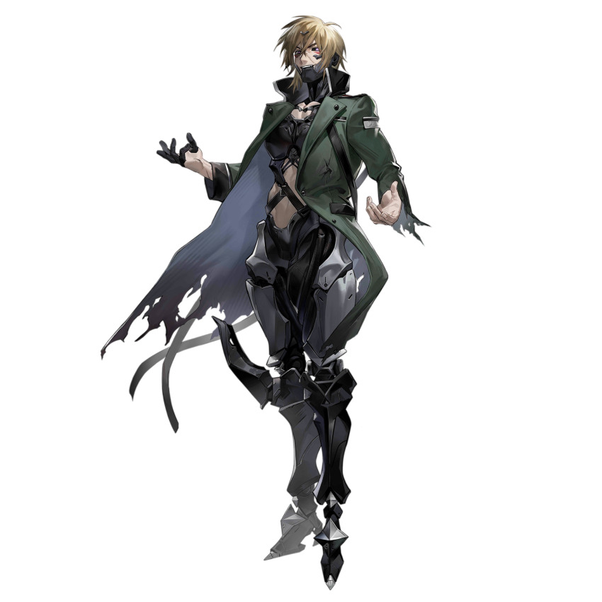 1boy artist_request black_sclera blonde_hair coat colored_sclera cyborg fingernails full_body ganglati_(girls&#039;_frontline) girls&#039;_frontline green_coat heterochromia highres long_sleeves looking_at_viewer male_focus metal_jaw nyto_(girls&#039;_frontline) official_art open_clothes open_coat open_hands paradeus prosthesis prosthetic_fingers prosthetic_leg purple_eyes scar scar_on_face short_hair simple_background smile solo spoilers standing third-party_source torn_clothes torn_coat transparent_background v-shaped_eyebrows