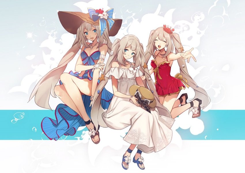 animal animal_on_head bow crab dress fate/grand_order fate_(series) hat high_heel_sandals long_hair marie_antoinette_(fate) marie_antoinette_(swimsuit_caster)_(first_ascension)_(fate) marie_antoinette_(swimsuit_caster)_(second_ascension)_(fate) marie_antoinette_(swimsuit_caster)_(third_ascension)_(fate) multiple_persona no-kan on_head sandals smile sun_hat sundress swimsuit twintails very_long_hair