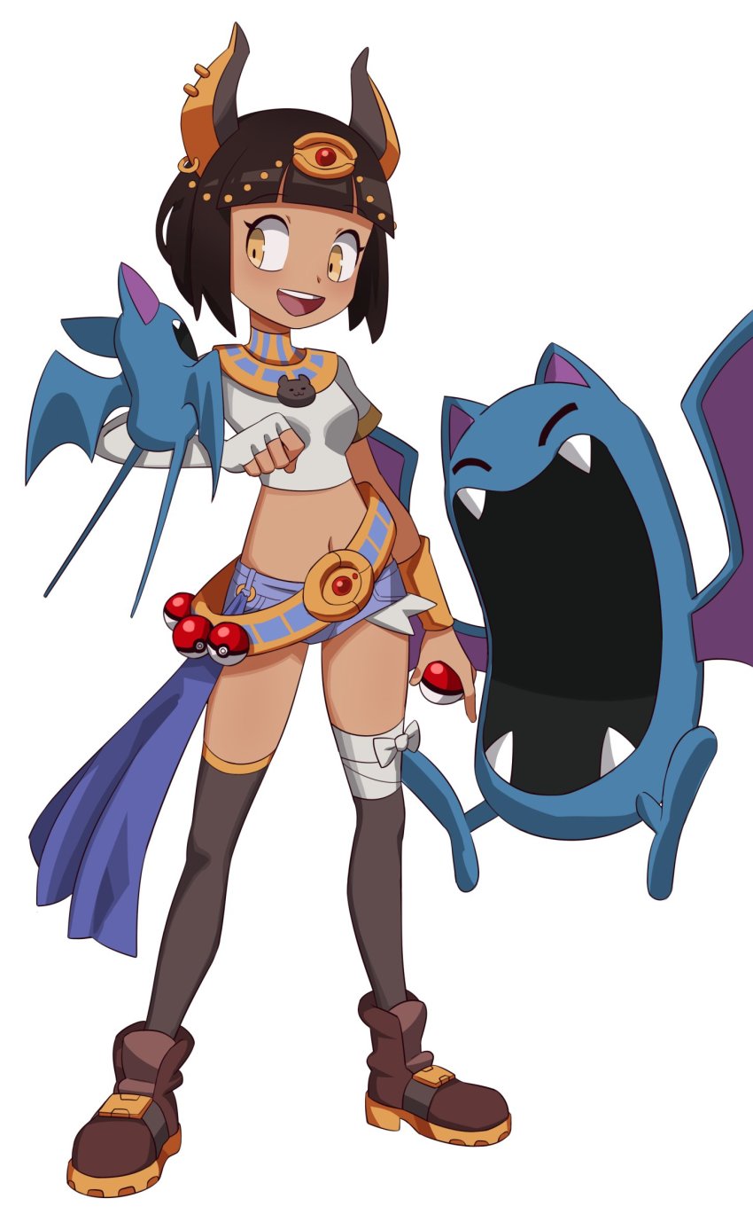 1girl :d adapted_costume ancient_egyptian ancient_egyptian_clothes animal_ears asymmetrical_gloves bandages bat_ears black_hair borrowed_character bracelet breasts crop_top dark-skinned_female dark_skin demon_girl earrings elbow_gloves fangs fingerless_gloves flowerpigeon full_body gen_1_pokemon gloves golbat highres jewelry medium_breasts nintendo open_mouth original poke_ball pokemon short_hair short_shorts shorts single_glove smile standing teeth thighhighs upper_teeth_only usekh_collar white_background yellow_eyes zubat