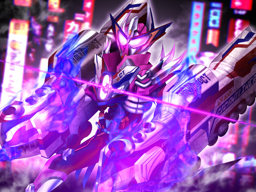 1boy absurdres armor billboard black_bodysuit bodysuit compound_eyes english_text highres kamen_rider kamen_rider_gotchard:_graduations kamen_rider_gotchard_(series) kamen_rider_valvarad kamen_rider_valvarad_gt locomotive pixiv_username purple_armor reiei_8 rider_belt screw smoking_pipe sparkle standing steam valvaradriver