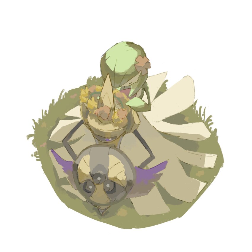 aegislash bob_cut closed_eyes colored_skin dress flower flower_wreath gardevoir gen_3_pokemon gen_6_pokemon grass green_hair green_skin hair_flower hair_ornament highres holding holding_shield multicolored_skin napopo nintendo on_grass one-eyed pokemon pokemon_(creature) purple_eyes shield sword two-tone_skin weapon white_dress white_skin