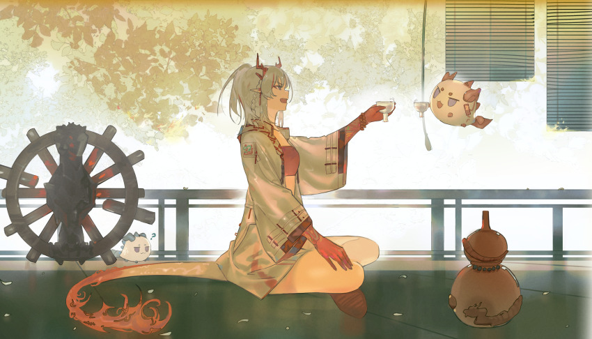 1girl absurdres animal_ears arknights bandeau colored_skin commentary dragon_bubble_(arknights) dragon_girl dragon_horns dragon_tail earrings english_commentary gourd hat highres holding horns jewelry ling_(arknights) long_hair multicolored_hair nian_(arknights) on_floor open_mouth pointy_ears purple_eyes red_bandeau red_tube_top short_hair sitting skirt solo strapless streaked_hair tail tassel tassel_earrings tube_top white_hair yuishironeko