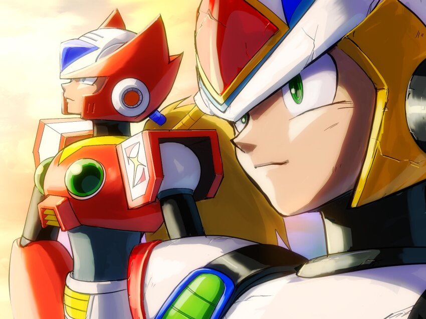 2boys android armor battle_damage blonde_hair blue_eyes chest_jewel closed_mouth damaged energy_sword forehead_jewel green_eyes hand_on_own_hip helmet hoshi_mikan jewelry long_hair mega_man_(series) mega_man_x2 mega_man_x_(series) multiple_boys ponytail red_armor red_helmet robot robot_ears second_armor_x_(mega_man) shoulder_armor smile standing sunrise sword sword_on_back upper_body very_long_hair weapon weapon_on_back white_armor white_helmet x_(mega_man) z_saber zero_(mega_man)